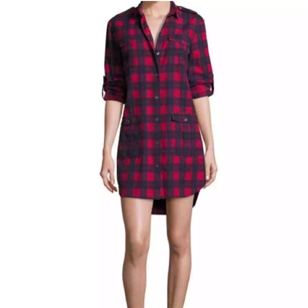 ATM Women’s Red Flannel Mini Shirt Dress Long Sleeve Gorpcore Preppy Plaid Large